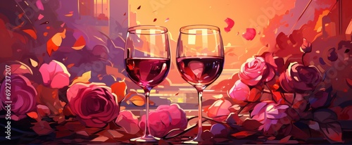 two glasses of wine and roses on a red table