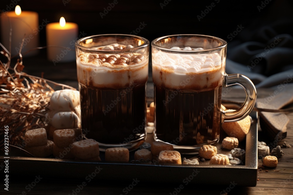 two glasses with teaflavored lattes and marshmallows two glasses with teaflavored lattes and marshmallows