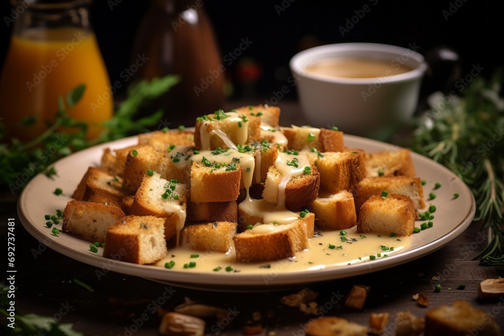 Crispy delicious juicy crispy croutons with garlic and seasoning, croutons in a plate with sauce on a dark background
