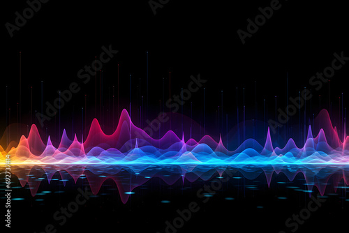 Vibrant digital sound waves on black background with reflection