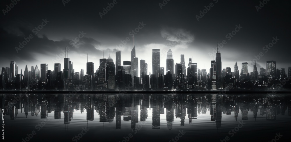 urban skyline aerial black and white