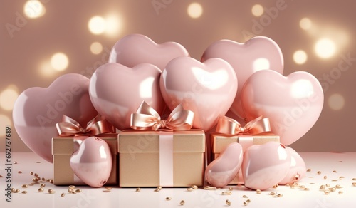 valentine romantic box of balloons with gold hearts on cream background