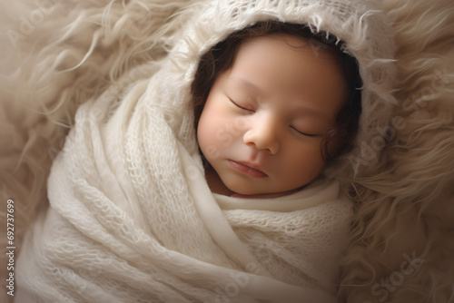 Sleeping newborn wrapped in a cream blanket