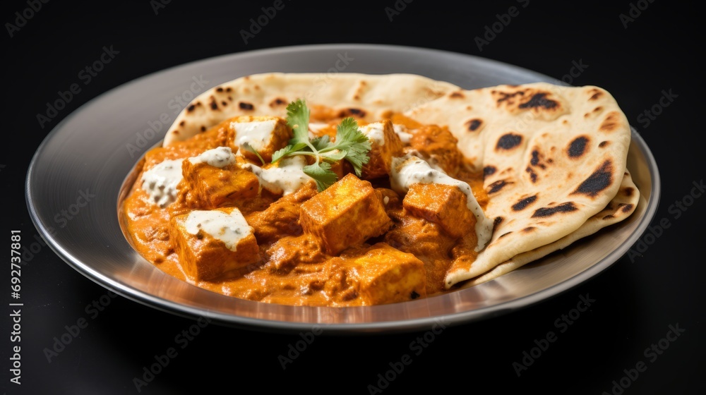 Delicious Indian Paneer Butter Masala with Roti on White Background AI Generated