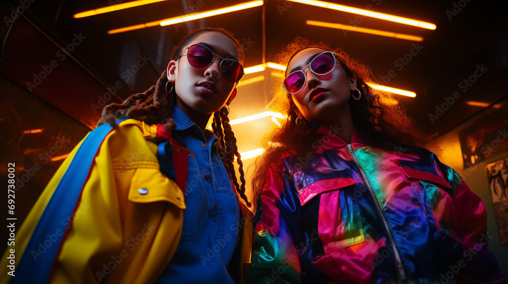 Fototapeta premium woman, fashion, people, beauty, person, night, dark, party, couple, sunglasses, fun, music, model, halloween, rock, boy, black, hair, face, two, red, style, men