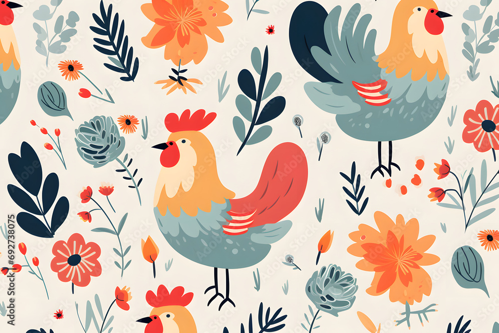 Colorful pattern with chickens and floral elements - obrazy, fototapety, plakaty 