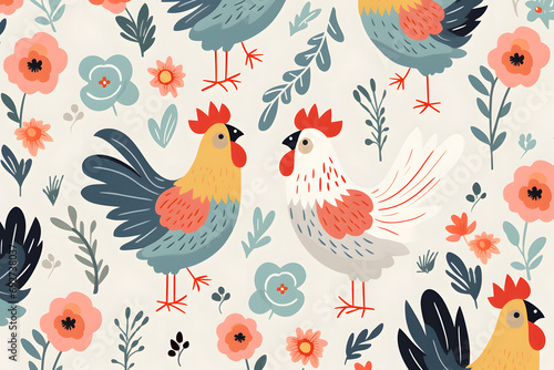 Charming pattern with chickens and flowers in pastel colors