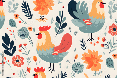 Colorful pattern with chickens and floral elements photo