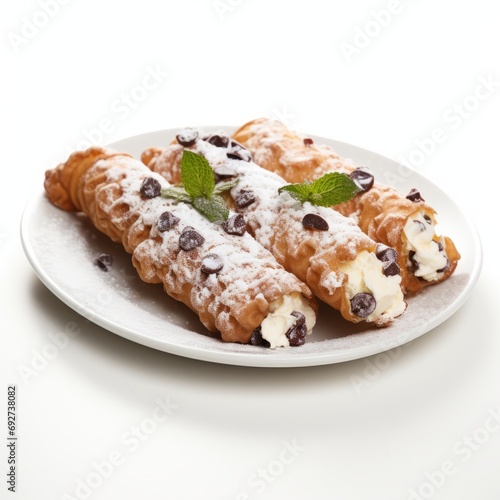 Delicious Italian Cannoli with Ricotta Filling on White Background AI Generated