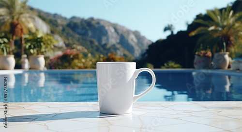white coffee cup on stone tiled outside swimming pool