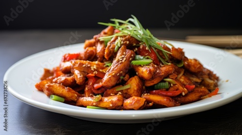 Delicious Korean Dak Galbi Spicy Stir-Fried Chicken on White Background AI Generated