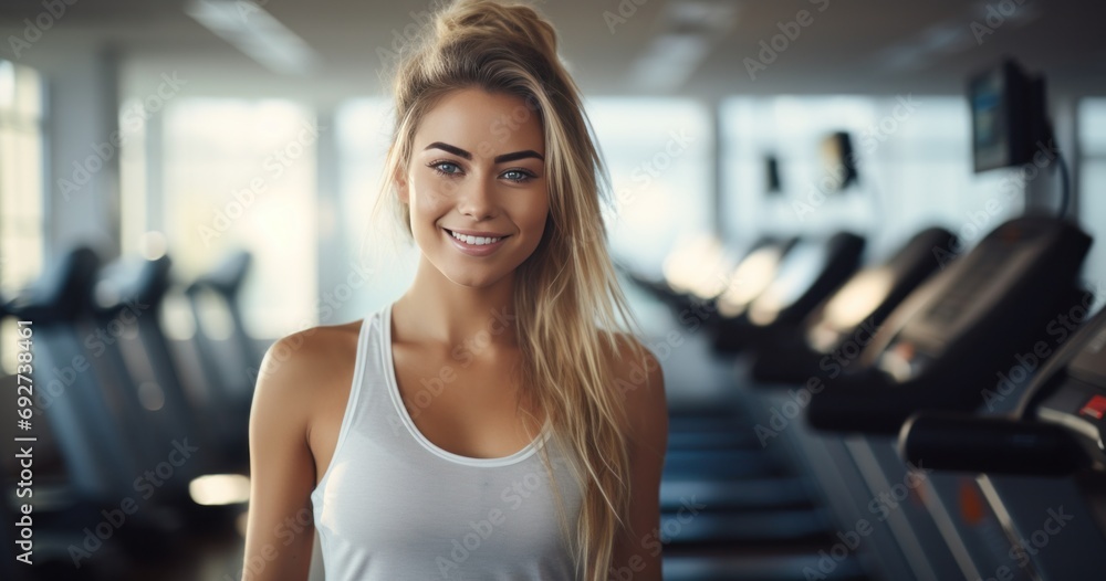 young woman standing walking on treadmill in the gym with equipment