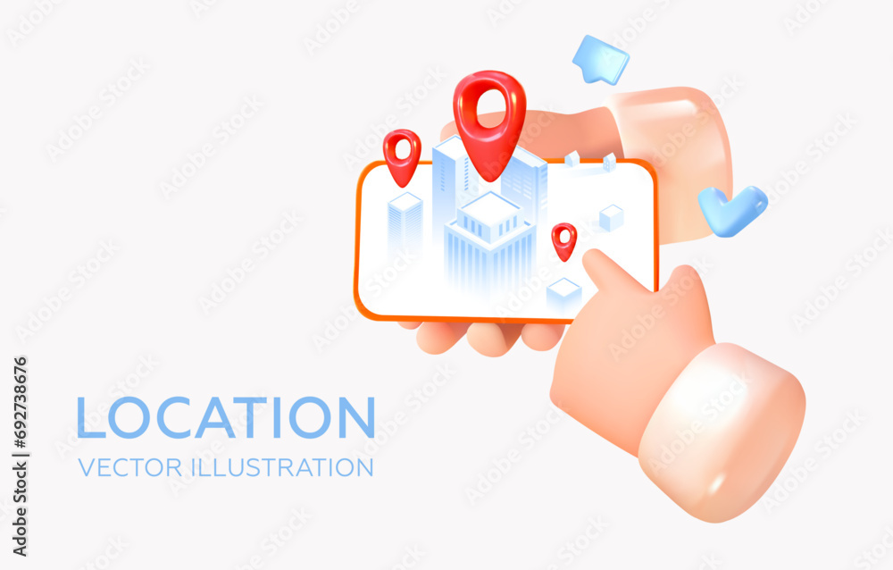Shows the location in the application on the screen. Mobile phone in hands. Location point in the city. Red pin in 3D style. Vector illustration