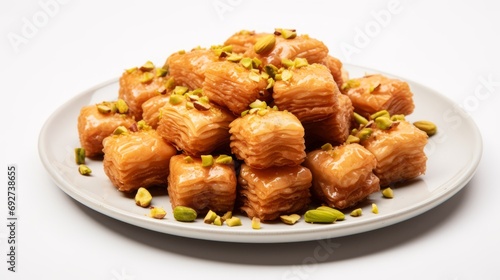Delicious Turkish Baklava with Pistachios on White Background AI Generated