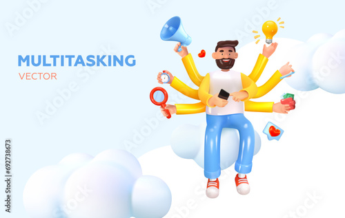 Multitasking character. A person with many tasks and affairs. Effective work. In 3D style. A man with many hands. Functionality on mobile. Vector illustration