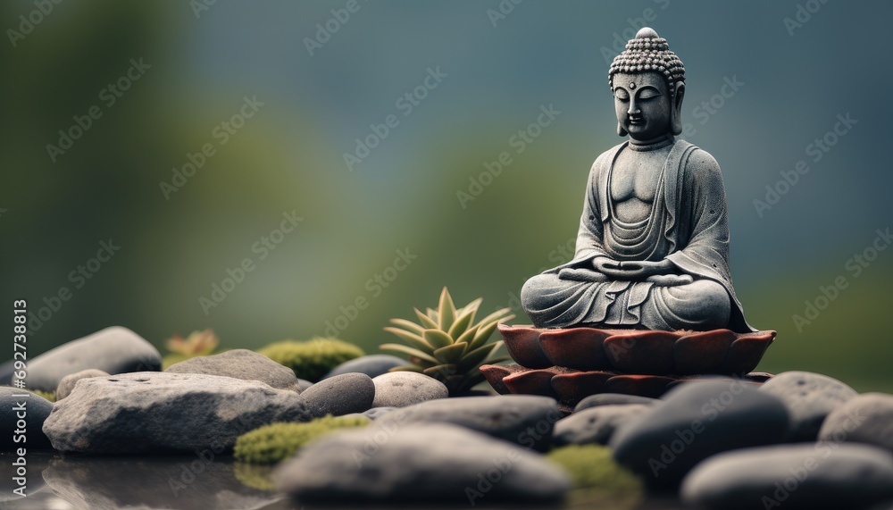 a buddha in meditation with a stone sitting in the background