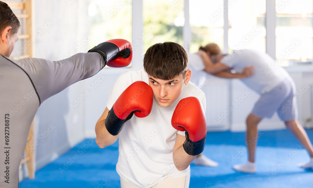 Guy and man in boxing gloves strike deliver hook each other, opponent during training bout, improving fighting skills during boxing training in gym - obrazy, fototapety, plakaty 