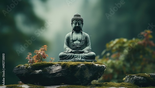 a buddha in meditation with a stone sitting in the background