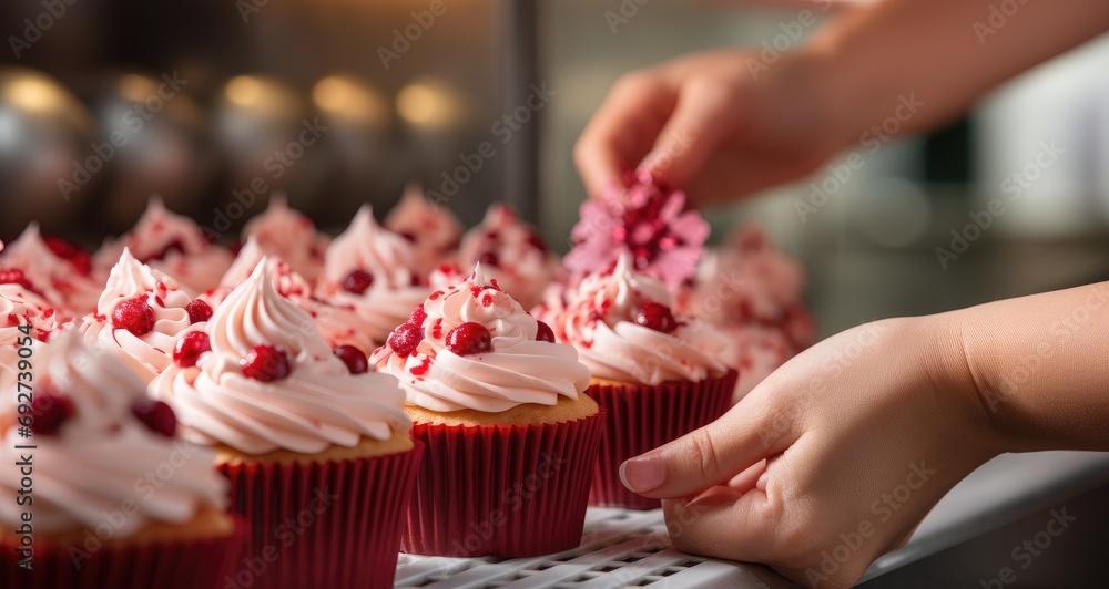 a girl puts frosting on several cupcakes