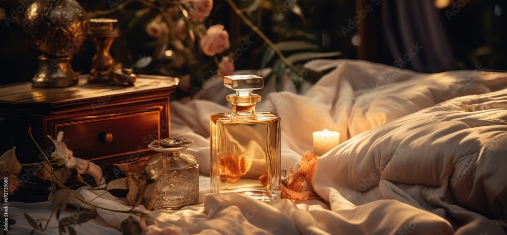 a glass bottle with perfume aromatherapy sitting on a bed with candles and candles on it