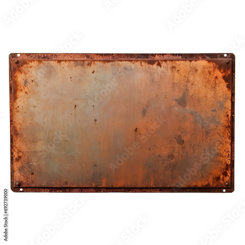 Old blank rusty metal sign isolated on a white transparent backgorund.