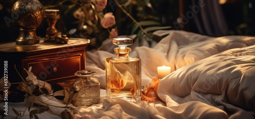 a glass bottle with perfume aromatherapy sitting on a bed with candles and candles on it