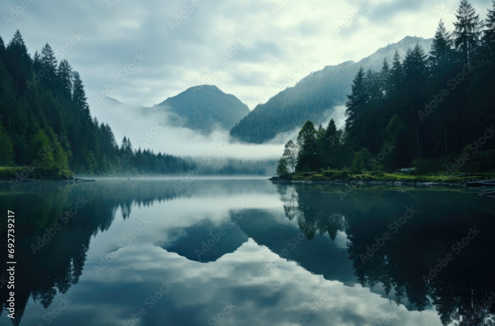 a lake filled with mist in the mountains