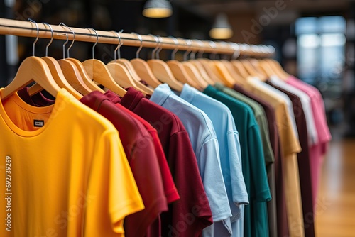 store hangers clothes clothing retail shop hanger shopping rack shirt fashion sale interior display garment mall center collection wear thrift hooded white colourful dress background market inside photo