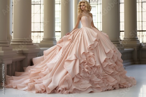 Beautiful ball gown in soft peach color, prom or dinner party concept photo
