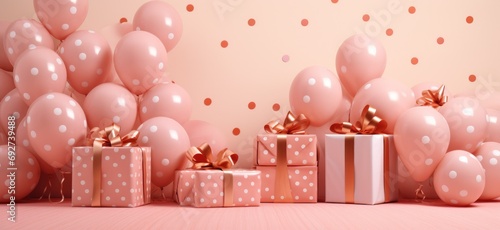 a pink space with balloons and gifts behind the pink background polka dot wal...