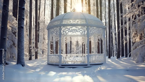 Wooden gazebo in the winter forest. Delicate snow animation. 18 seconds of loop video. Ai generative photo