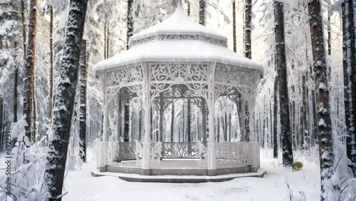 Wooden gazebo in the winter forest. Delicate snow animation. 18 seconds of loop video. Ai generative photo