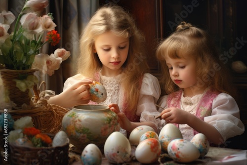 Children are preparing to celebrate Easter  decorating and painting Easter eggs