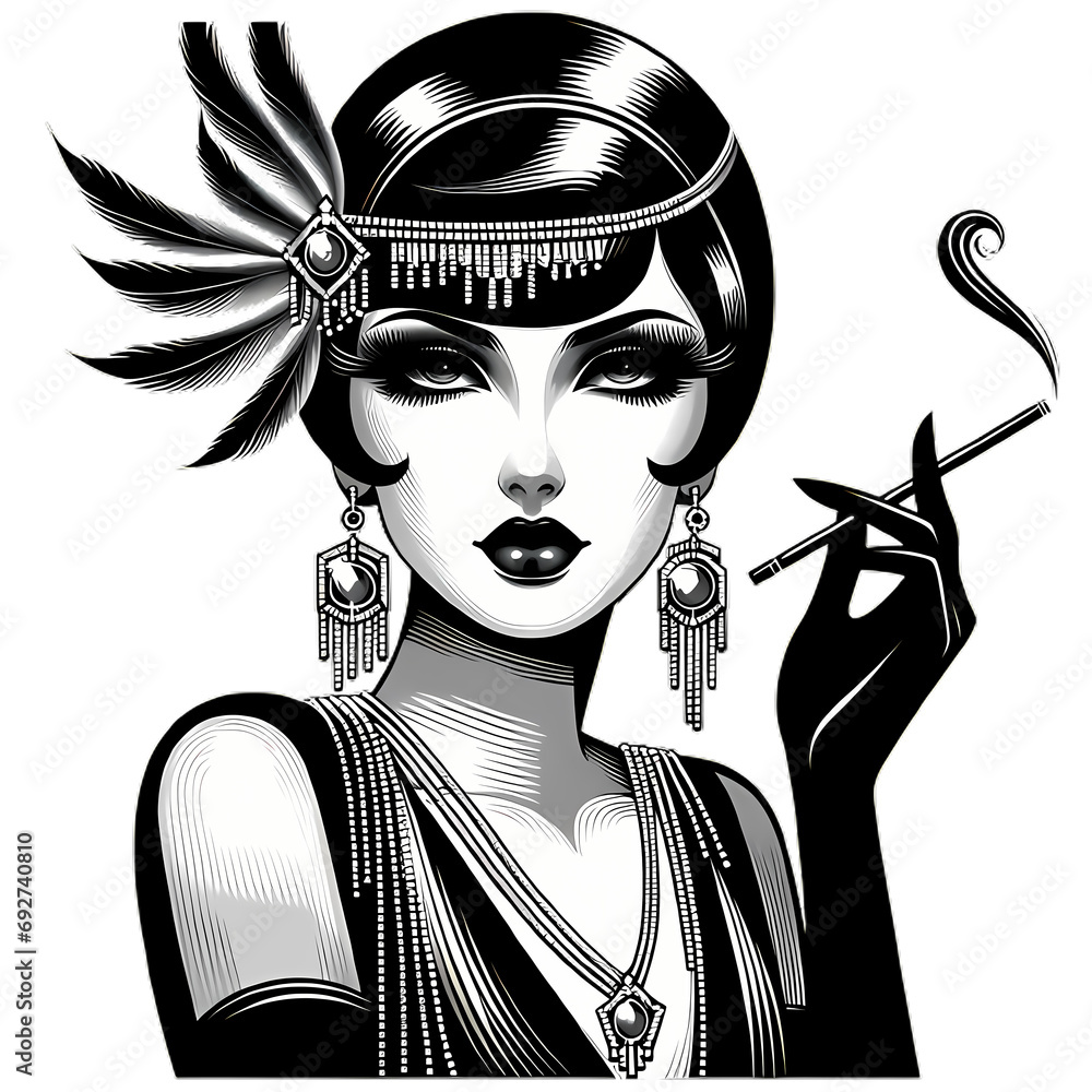 Naklejka premium Femme élégante des années 20 style Gatsby, fond transparent idéal pour illustration de blog ou article mode retro, charme, art déco, glamour, vintage
