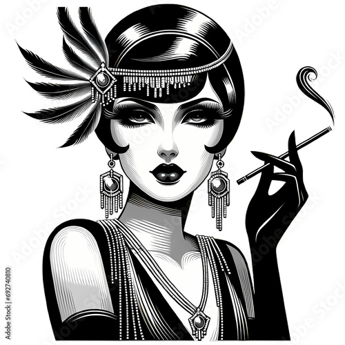 Femme élégante des années 20 style Gatsby, fond transparent idéal pour illustration de blog ou article mode retro, charme, art déco, glamour, vintage photo