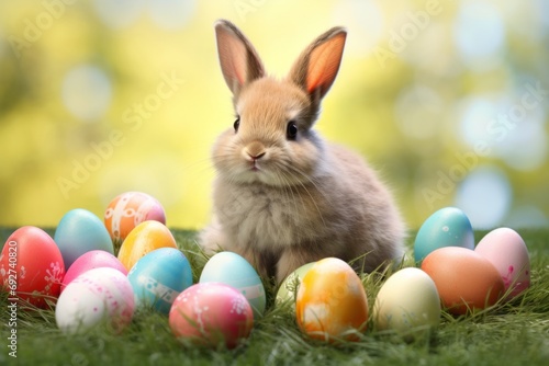 Cute fluffy funny Easter bunny among Easter eggs on a green lawn  Happy Easter