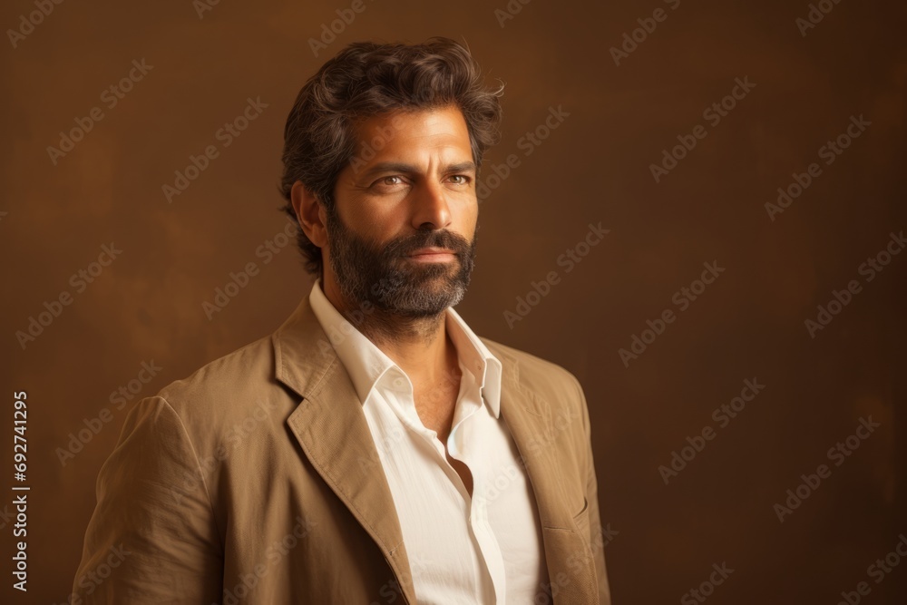 Portrait of handsome bearded Indian man in beige suit. Studio shot. Portrait of handsome bearded Indian man in beige suit. Studio shot.