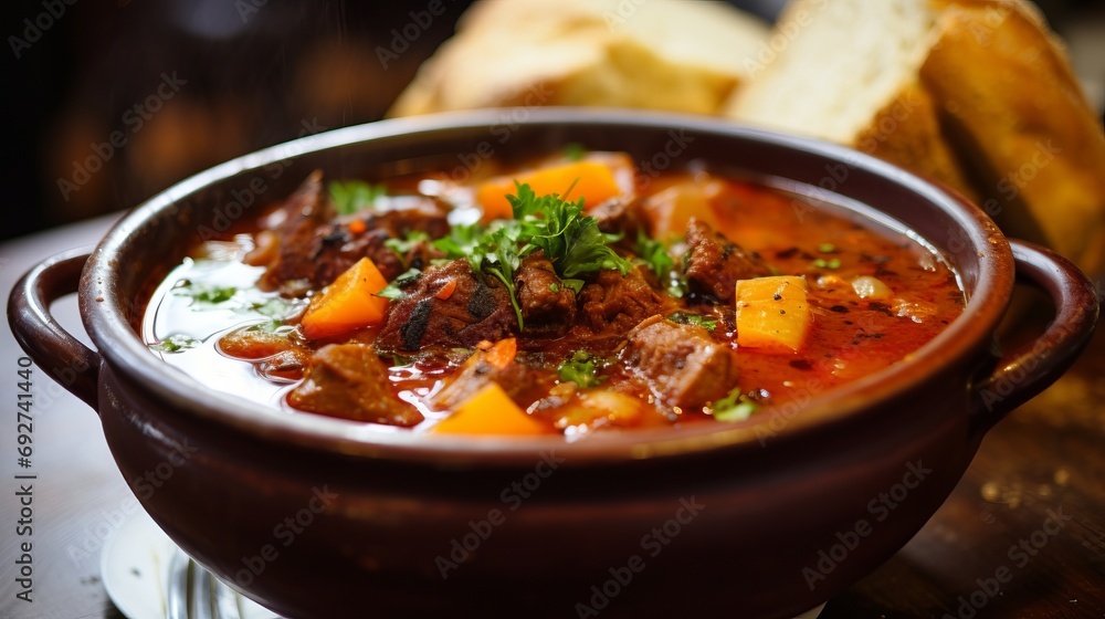 AI generated illustration of an earthenware bowl filled with a hearty stew AI generated illustration of an earthenware bowl filled with a hearty stew