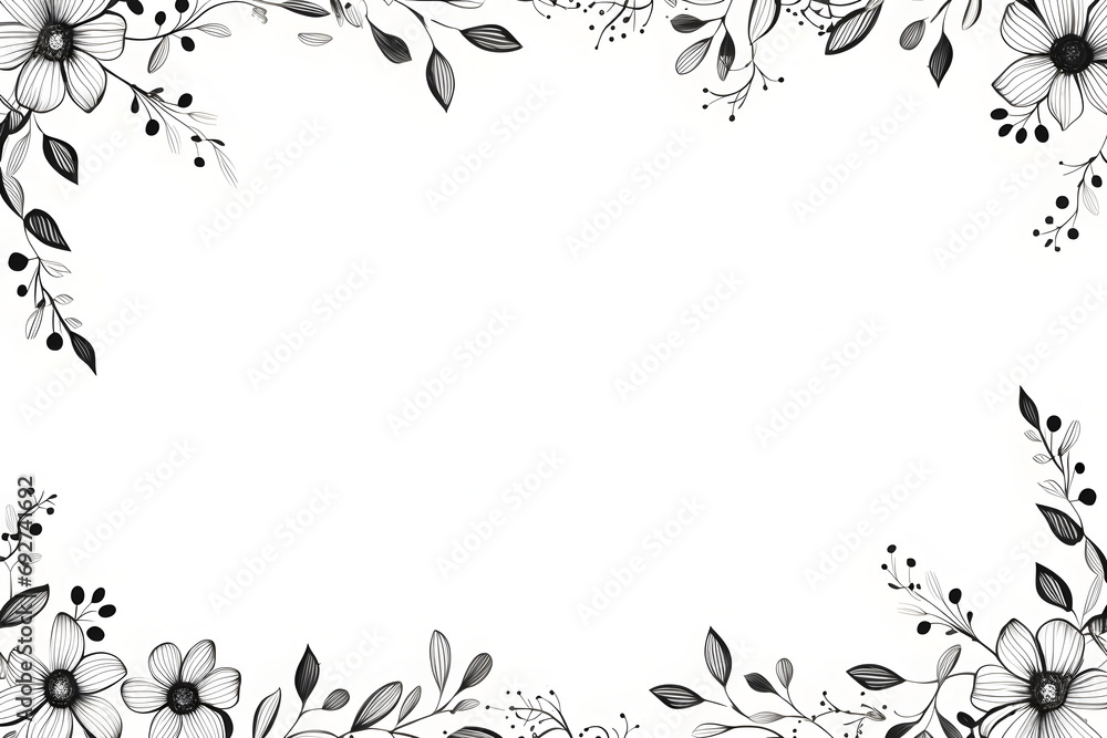 Monochromatic floral frame with black and white flowers and leaves