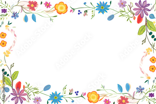 Floral border with colorful flowers and leaves on white background