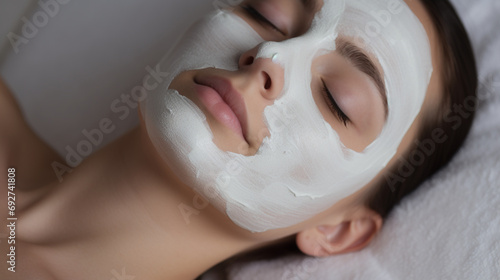 Woman in mask on face in spa beauty salon. 