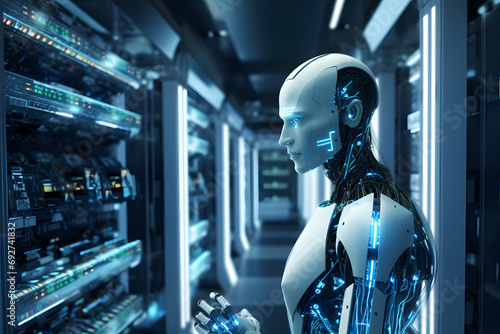 Humanoid robot in data center with blue lighting photo