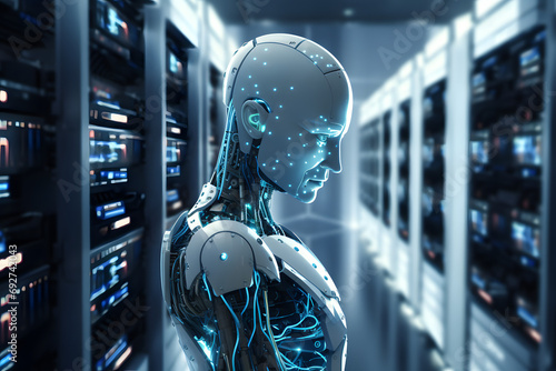 Futuristic android head profile in a data center photo