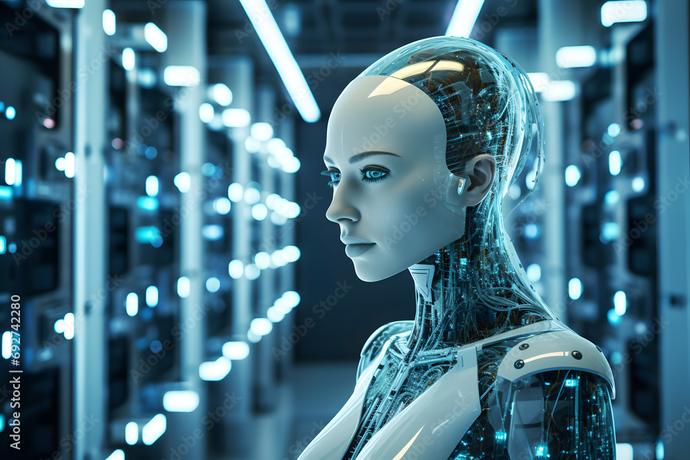 Realistic android woman facing forward in a server room Realistic android woman facing forward in a server room