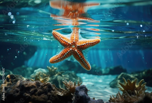 a starfish is in the shallow water of an ocean photo