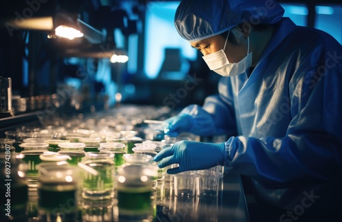 a worker in protective gear is making a test for a virus in a research factory