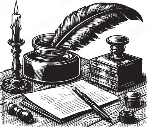 vintage vector illustration of a writing desk and writing with a candle
