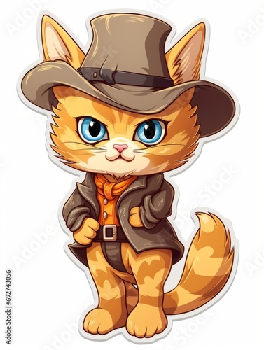 Cartoon sticker sweet kitten dressed as a cowboy, AI