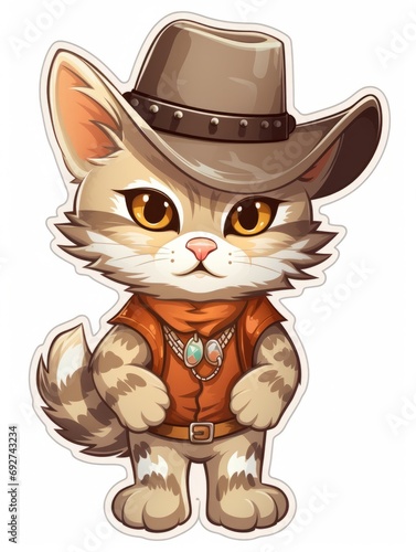 Cartoon sticker sweet kitten dressed as a cowboy  AI