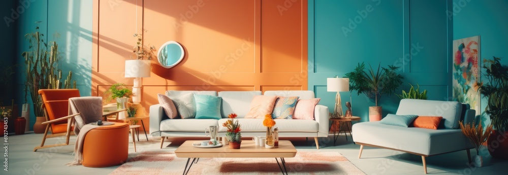 bright living room interior with colorful walls and remodeled interior - obrazy, fototapety, plakaty 